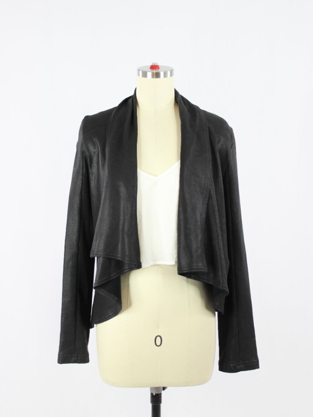 KRISA Black Coated Terry Faux Leather Open Drape Front Moto Jacket, Size S - Picture 4 of 16